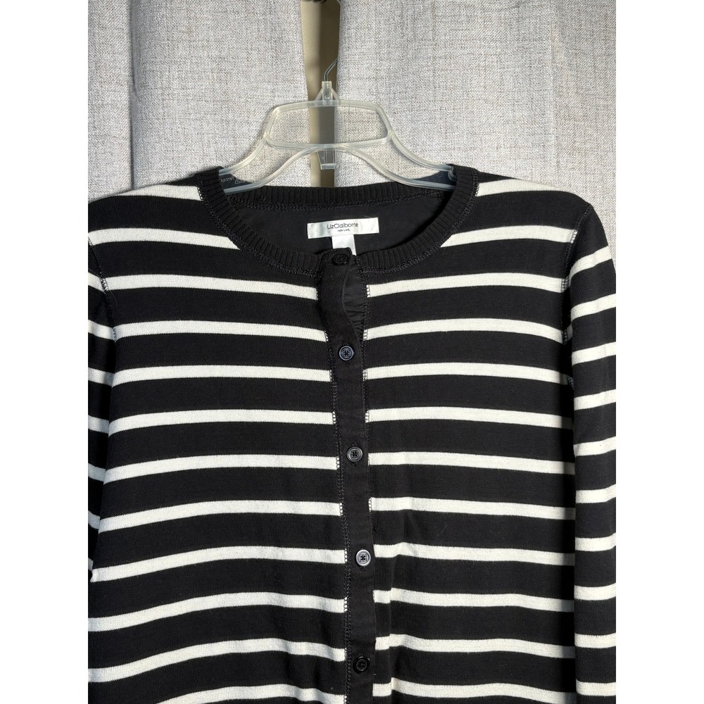 Liz Claiborne New York Black White Striped Button Front Cardigan Sweater Large